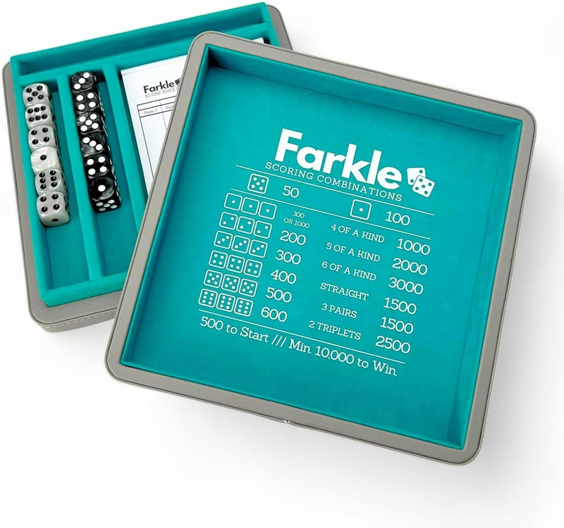 Luck Lab Farkle Dice Tray and Storage Case - Includes Embedded Scoring Combinations, 2 Sets of 6 Pearl Dice, 40 Sheet Score Pad and Pen Holder for The Classic Family Game (Grey and Turquoise) - Image 1